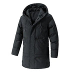Insulated winter coat in black parka style with drawstring hood and padded design for winter protection.
