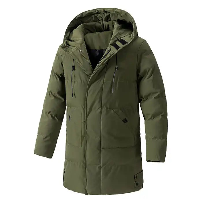 Insulated winter coat with hood in olive green, featuring zip closure and large front pockets for cold weather.