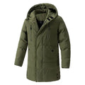 Insulated winter coat with hood in olive green, featuring zip closure and large front pockets for cold weather.