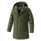 Insulated winter coat with hood in olive green, featuring zip closure and large front pockets for cold weather.