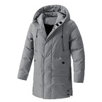 Insulated winter coat in light grey color with long padded design and adjustable hood for winter warmth.