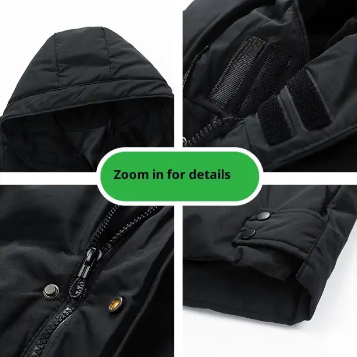 Insulated winter coat close-up showing zipper, buttons, and velcro details on black hooded winter outerwear.