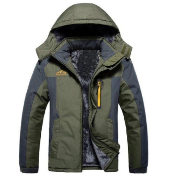 Insulated winter jacket hooded in army green with fleece interior and durable fabric panels.