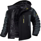 Insulated winter jacket hooded in black with grey sleeves and plush fleece lining.
