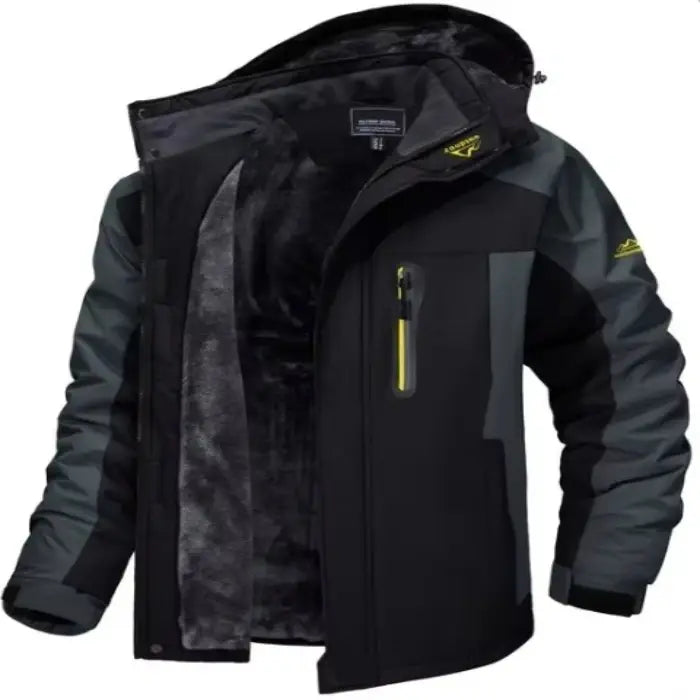 Insulated winter jacket hooded in black with grey sleeves and plush fleece lining.