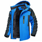 Insulated winter jacket hooded in bright blue featuring warm fleece lining and water-resistant material.