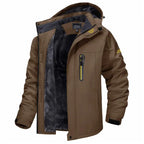 Insulated winter jacket hooded in brown with warm fleece lining and outdoor-ready design.