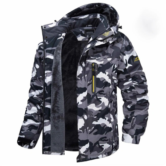 Insulated winter jacket hooded in grey camouflage pattern with warm inner lining.