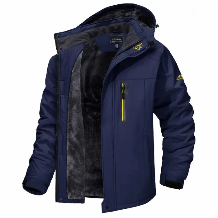 Insulated winter jacket hooded in dark blue featuring warm fleece lining and waterproof build.