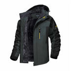 Insulated winter jacket hooded in dark green and black with thick fleece interior for cold weather.