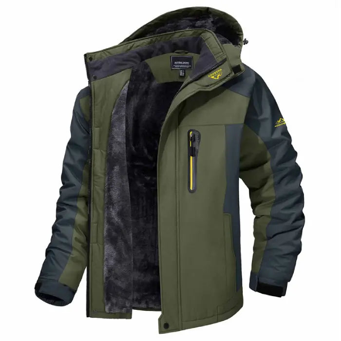Insulated winter jacket hooded in green with soft fleece lining and waterproof outer shell.