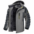 Insulated winter jacket hooded in grey dual-tone style with plush fleece interior.
