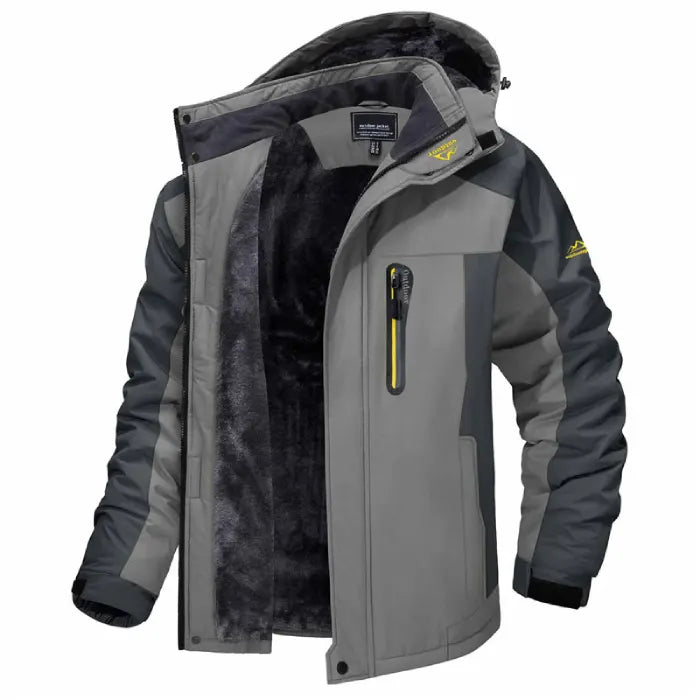Insulated winter jacket hooded in grey dual-tone style with plush fleece interior.