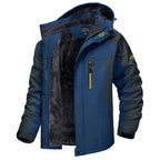 Insulated winter jacket hooded in navy blue with soft fleece lining for winter protection.