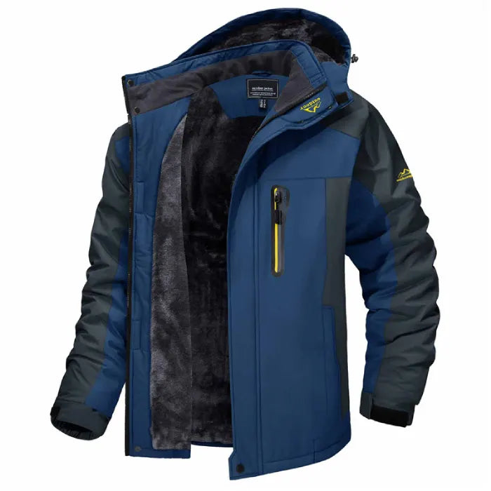 Insulated winter jacket hooded in navy blue with soft fleece lining for winter protection.