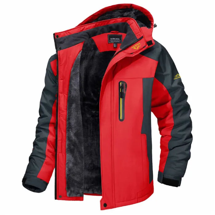 Insulated winter jacket hooded in red with grey sleeves and warm fleece lining.