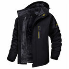 Insulated winter jacket hooded in solid black with thick fleece interior for cold weather.