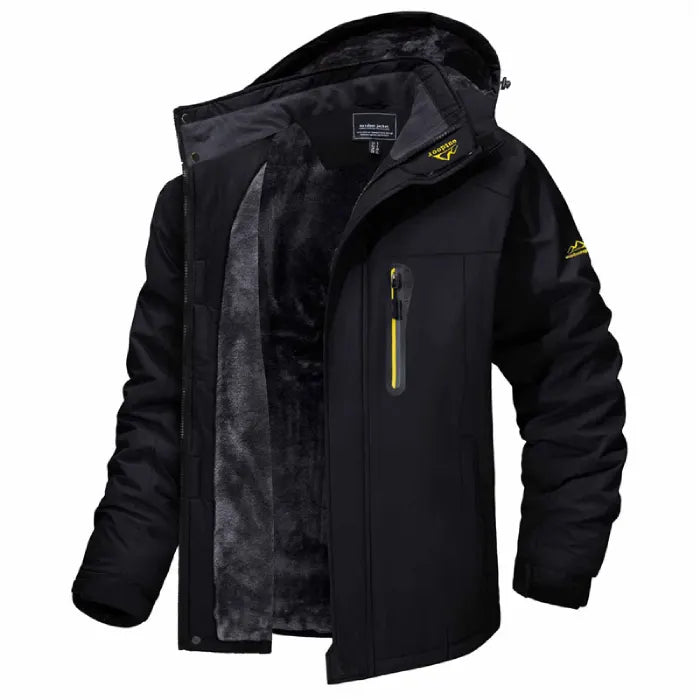 Insulated winter jacket hooded in solid black with thick fleece interior for cold weather.