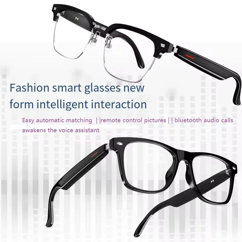 Smart glasses promoting intelligent interaction, featuring automatic pairing and voice assistant.