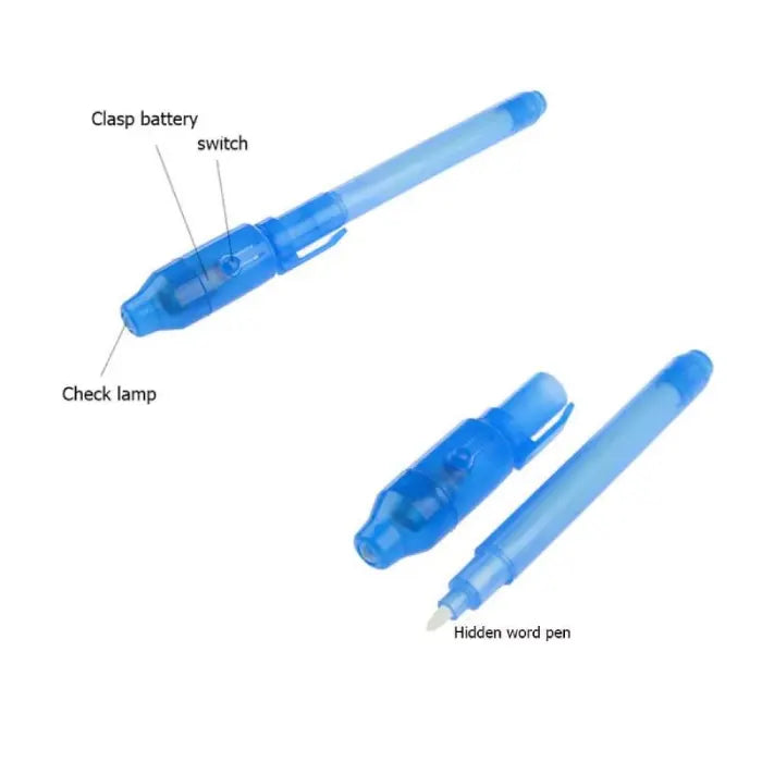 invisible ink pen with uv light in blue showing labeled parts and hidden ink tip