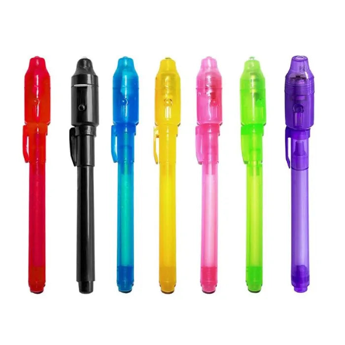 invisible ink pen with uv light set in multiple bright colors