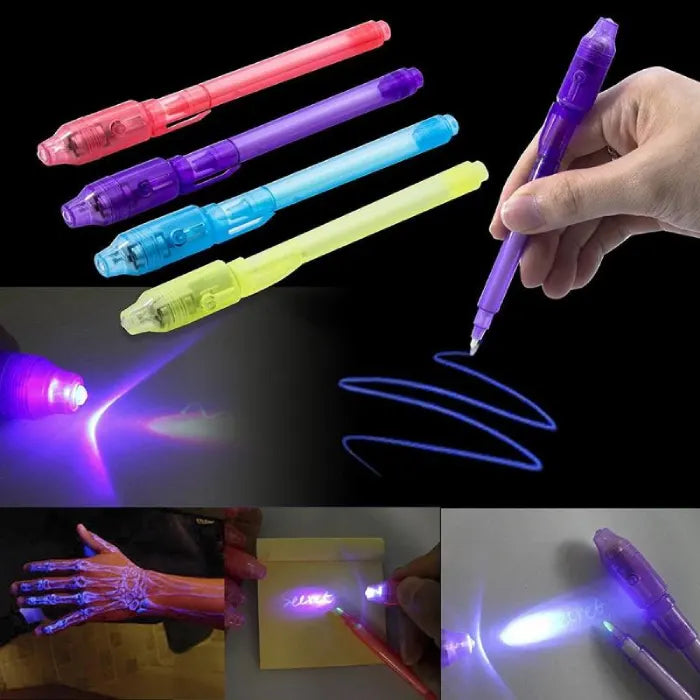 invisible ink pen with uv light demonstrating glowing drawings and writing
