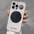 iPhone 15 case with clear design showcasing vibrant planets, spacecraft and celestial elements creating a playful cosmic border pattern
