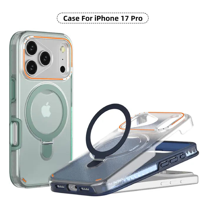 iPhone 17 MagSafe Case showing ring stand and clear protective back design