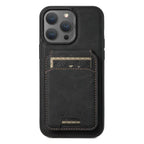 Black leather iPhone case with stitched card holder pocket and dual card capacity.