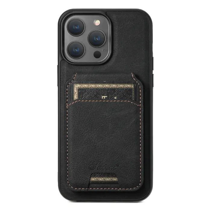 Black leather iPhone case with stitched card holder pocket and dual card capacity.