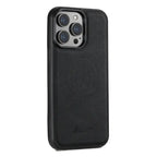 Black iPhone case with card holder and built-in MagSafe support, sleek leather finish and stitching.