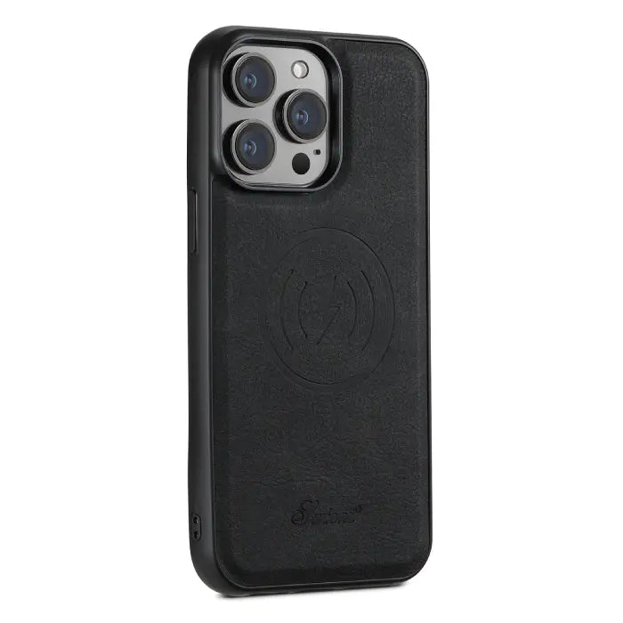 Black iPhone case with card holder and built-in MagSafe support, sleek leather finish and stitching.