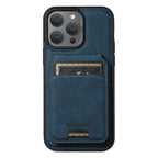 iPhone case with card holder in blue leather featuring rear pocket for cards and stitched detailing.