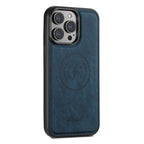 Blue leather iPhone case with MagSafe charging compatibility and sleek stitched edges.