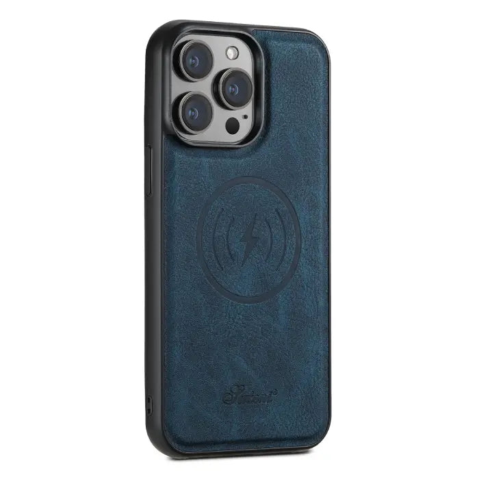 Blue leather iPhone case with MagSafe charging compatibility and sleek stitched edges.