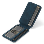 Open blue iPhone wallet case showing dual card slots and visible ID window.
