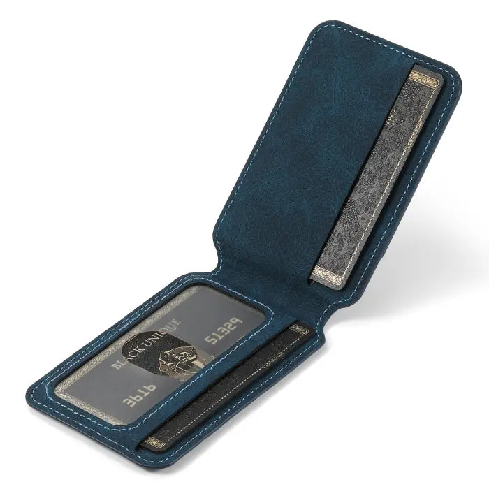 Open blue iPhone wallet case showing dual card slots and visible ID window.