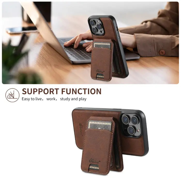 Brown iPhone card holder case shown on desk in standing mode for work or video viewing support.