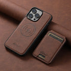 Detachable brown iPhone case with card holder shown with wallet piece and wireless charge symbol.