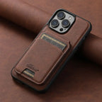 Brown leather iPhone case with stitched card holder pocket placed on matching leather background.