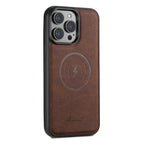 Brown iPhone case with card holder and embossed MagSafe charging symbol on the back.
