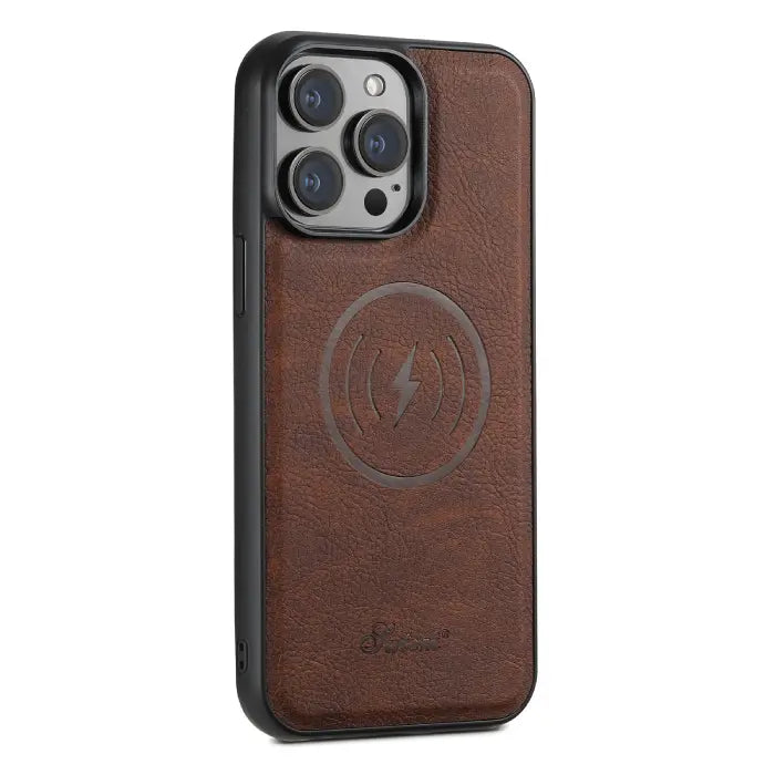 Brown iPhone case with card holder and embossed MagSafe charging symbol on the back.