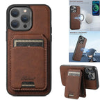 iPhone card holder case in brown shown with MagSafe, car mount, and stand functionality.