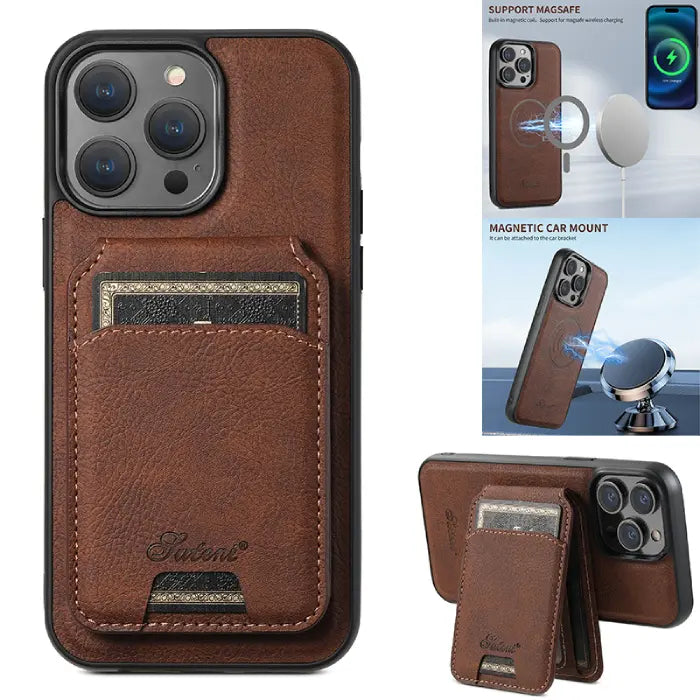 iPhone card holder case in brown shown with MagSafe, car mount, and stand functionality.