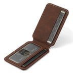 Brown leather iPhone card holder case opened to display transparent ID slot and card pocket.