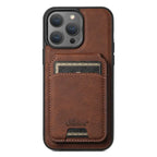 Brown leather iPhone case with back card pocket and fine stitching for a classic wallet look.