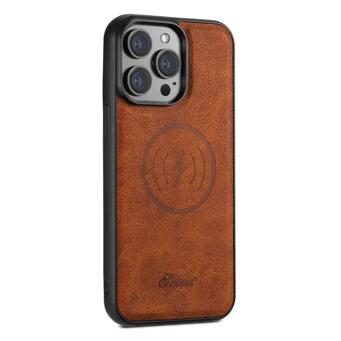 Brown leather iPhone case with card holder and built-in MagSafe charging compatibility icon.