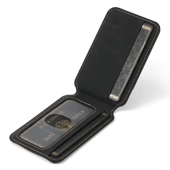 iPhone case with card holder in black leather, open view with ID window and magnetic closure.