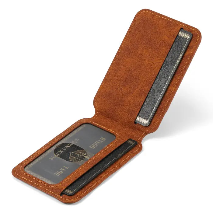 Open view of orange iPhone card holder wallet with ID window and magnetic flap.