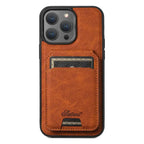 Orange leather iPhone case with back card holder slot and bold vintage-style stitching.